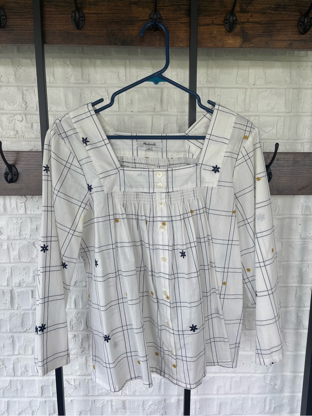 Madewell White Plaid Square-Neck Top with Navy & Gold Embroidery